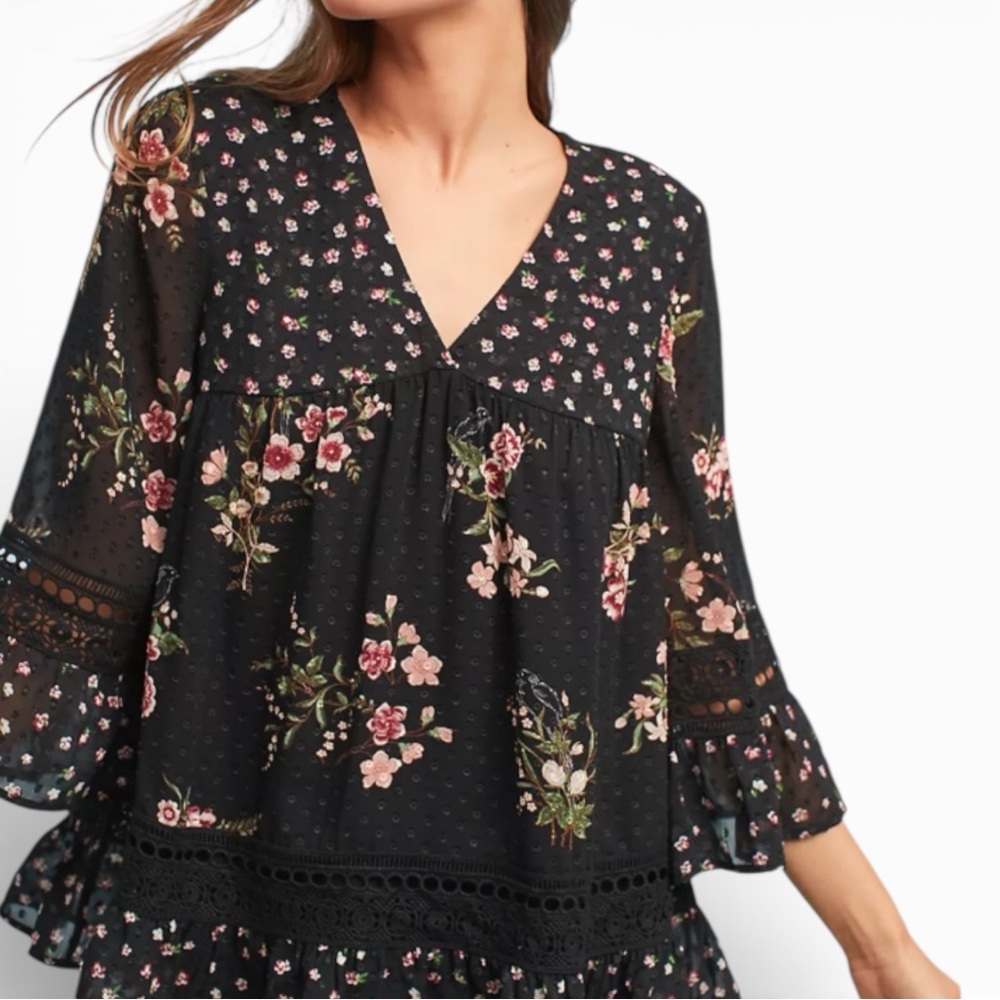 Anthropologie Maeve Steffy Bell Sleeve Black Floral Top Size XS - Picture 3 of 13